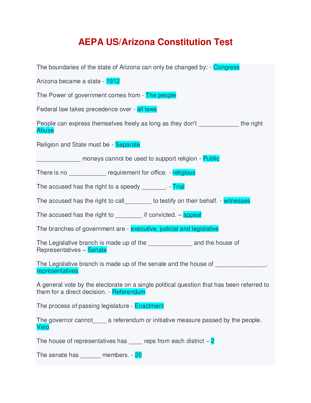 Preview image of AEPA US/Arizona Constitution Test document